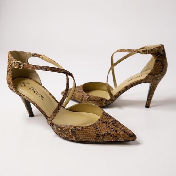 J.Renee Alfie Snakeprint Dark Taupe Strappy Pointed Stiletto Heels Size 9.5 - Picture 1 of 14